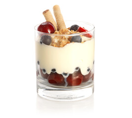 breakfast with yogurt, granola, fresh fruits and berries isolated on white