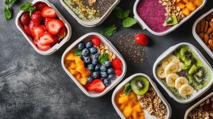 Assorted healthy breakfast boxes featuring chia pudding, smoothie bowls, and fresh fruits, arranged with room for text.