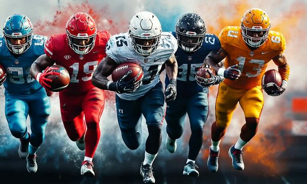 Dynamic scene of football players in action, showcasing athleticism.
