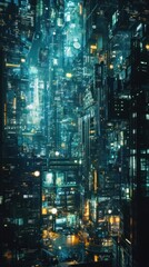 Naklejka premium A futuristic cityscape illuminated by neon lights, showcasing modern architecture and technology.