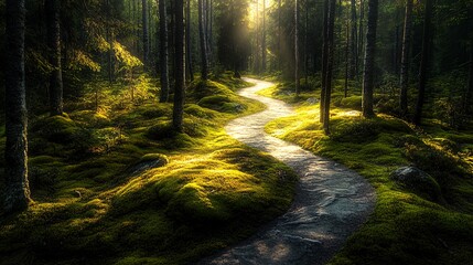 Obraz premium A winding stone path leads through a sun-dappled forest, with mossy ground and tall trees lining the way.