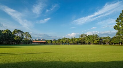 Obraz premium Beautiful, green grassy field with clear skies and joyful play activities filling the space, highlighting outdoor fun and energy.