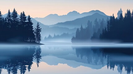 Fototapeta premium Misty Mountain Lake with Pine Trees Silhouetted Against a Pale Sky