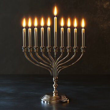 Traditional Jewish Menorah with glowing lit candles against dark background, Hanukkah celebration.