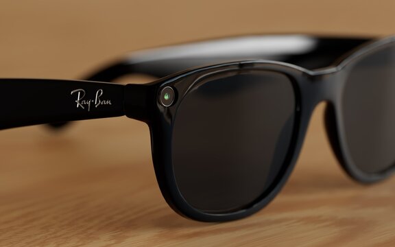 Meta Glasses with Ray-Ban logo and the built-in ultra-wide 12 MP camera. Calgary Alberta Canada Sept 29 2024