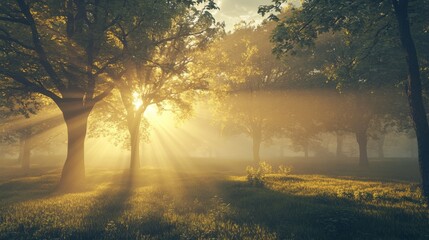 A foggy forest at sunrise, with golden rays of sunlight gently filtering through the mist