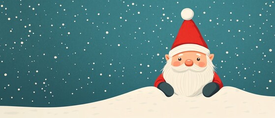Illustration of Santa Claus peeking over a snowy hill with a starry sky background, capturing the essence of Christmas cheer and winter magic.