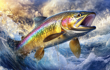 Fototapeta premium A colorful rainbow trout leaping out of the water