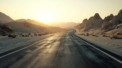 A lonely highway winding through rugged desert terrain, ultra detailed