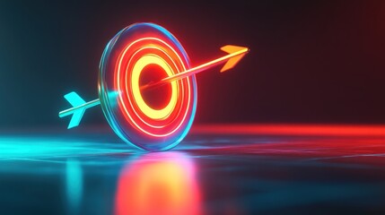 Fototapeta premium A stylized target with an arrow, illuminated by vibrant red and blue lights.