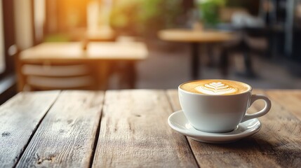 Cozy Coffee Scene with Latte Art on Wooden Table