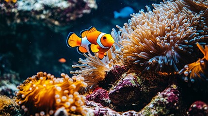 An orange and white clownfish swims among colorful coral and anemones in a vibrant underwater scene.