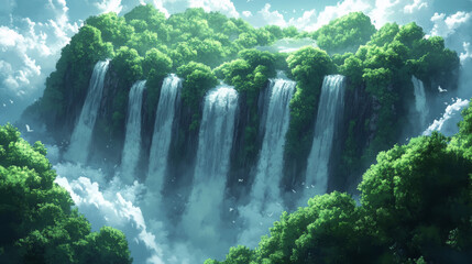 A cascading waterfall flows from a lush green cliff.