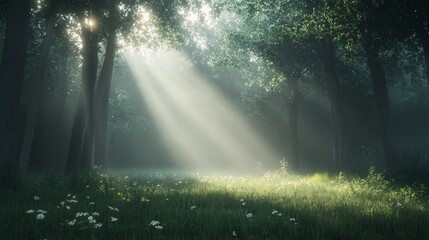 Fototapeta premium A misty woodland scene at daybreak, with gentle rays of sunlight just breaking through