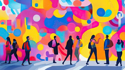 People Walking Past a Colorful Abstract Mural