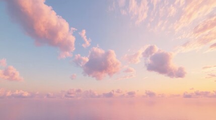A romantic dusk sky with a few clouds shaped like feathers, floating gracefully in soft