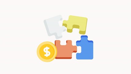 Animated four puzzle pieces surrounding a gold coin with a dollar sign, ideal for financial concept designs or businessrelated projects.

