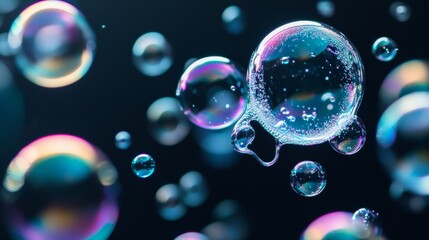 Surrealistic soap bubbles with rainbow colors on black background.