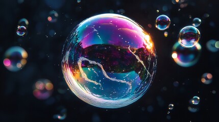 Surrealistic soap bubbles with rainbow colors on black background.