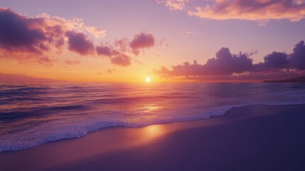 A serene beach at sunset, the sky glowing with orange and purple