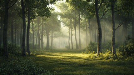 Naklejka premium A serene forest scene in the early morning, with mist lingering among the trees
