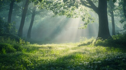 Obraz premium A serene forest scene at dawn, with mist hanging low and light softly filtering through