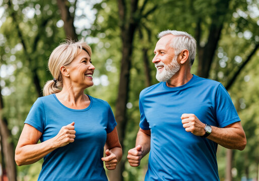 happy senior couple jogging taking a walk in the park scene healthy content