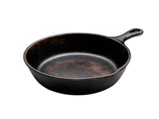 A rustic, vintage cast iron skillet on a white isolated background, ideal for cooking enthusiasts and culinary photography.
