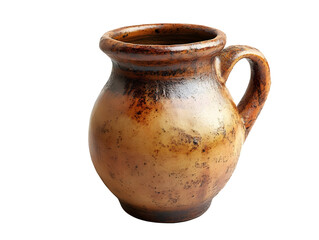 A rustic clay jug with a smooth, earthy texture, perfect for displaying or serving beverages, against a white isolated background.