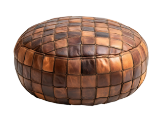 A unique, handmade leather pouf with a woven texture in shades of brown, perfect for home decor.