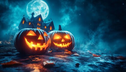 Naklejka premium Eerie Haunted House on Hill with Glowing Jack-o-Lanterns at Night under Moonlight