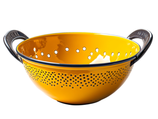 A vibrant yellow colander with black handles, designed for rinsing fruits and vegetables, isolated on a white background.