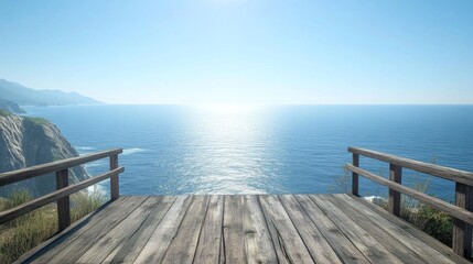 Fototapeta premium A wooden lookout with no railings, overlooking a serene ocean with coastline and mountains visible only on the sides