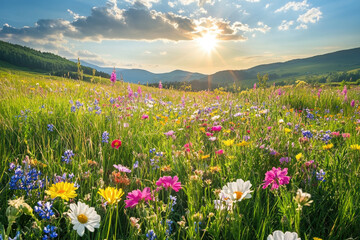 Obraz premium A vibrant meadow filled with colorful wildflowers under the shining sun, creating an enchanting and joyful scene of nature's beauty.