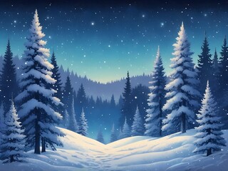 abstract pastel glow Blue pointillism Winter background landscape with fir trees and pines in snow. Coniferous forest, night, sky, stars. Christmas Decoration illustration
