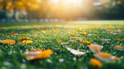 Close-up of football field grass with raindrops, reflecting stadium lights