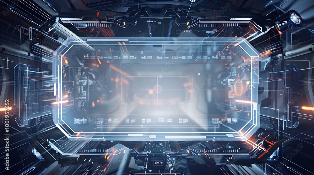 Poster Futuristic digital interface with a glowing rectangular screen and complex circuitry.