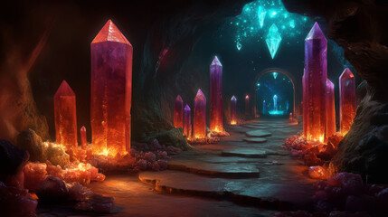 Obraz premium A magical cave filled with glowing crystals.