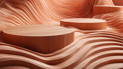 A surreal landscape of undulating wooden surfaces and circular platforms.