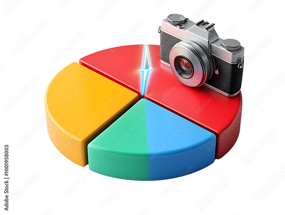 Poster colorful pie chart with camera symbolizing photography and data visualization, white isolated backgr