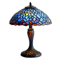 Colorful stained glass lamp illuminated, showcasing intricate design and craftsmanship on a white isolated background.