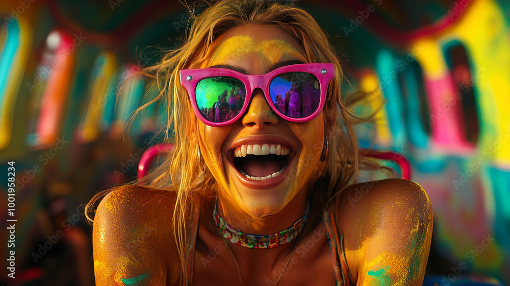 Sticker a young woman in pink sunglasses smiles brightly, covered in colorful powder.