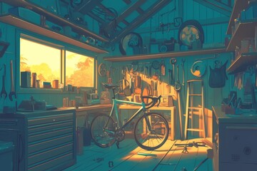 Peaceful Garage with a Person Repairing a Bicycle, Shelves Lined with Various Tools and Parts, Cozy Vibe, Generative AI