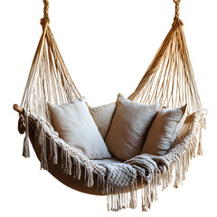Obraz premium Cozy hammock with soft pillows, perfect for relaxation in a serene setting.