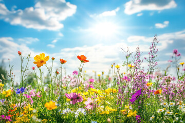 A vibrant meadow filled with colorful wildflowers under the shining sun, creating an enchanting and joyful scene of nature's beauty