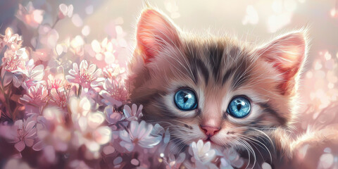 A cute kitten with blue eyes is playing in the flowers, generative AI