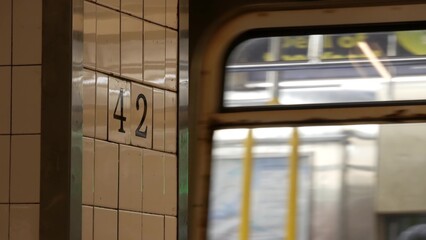 New York City subway station interior, underground metropolitan platform sign. Metro railway...