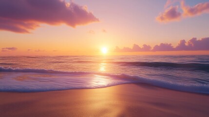 Obraz premium Vibrant sunset over a quiet beach, soft waves touching the shore
