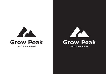 Mountain peak logo with analytical design vector illustration, arrow, growing. logo for business growth, business growing, icon for business, finance, travel, symbol, creative, logotype.