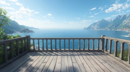 Obraz premium View from a wooden deck, with the ocean stretching endlessly ahead